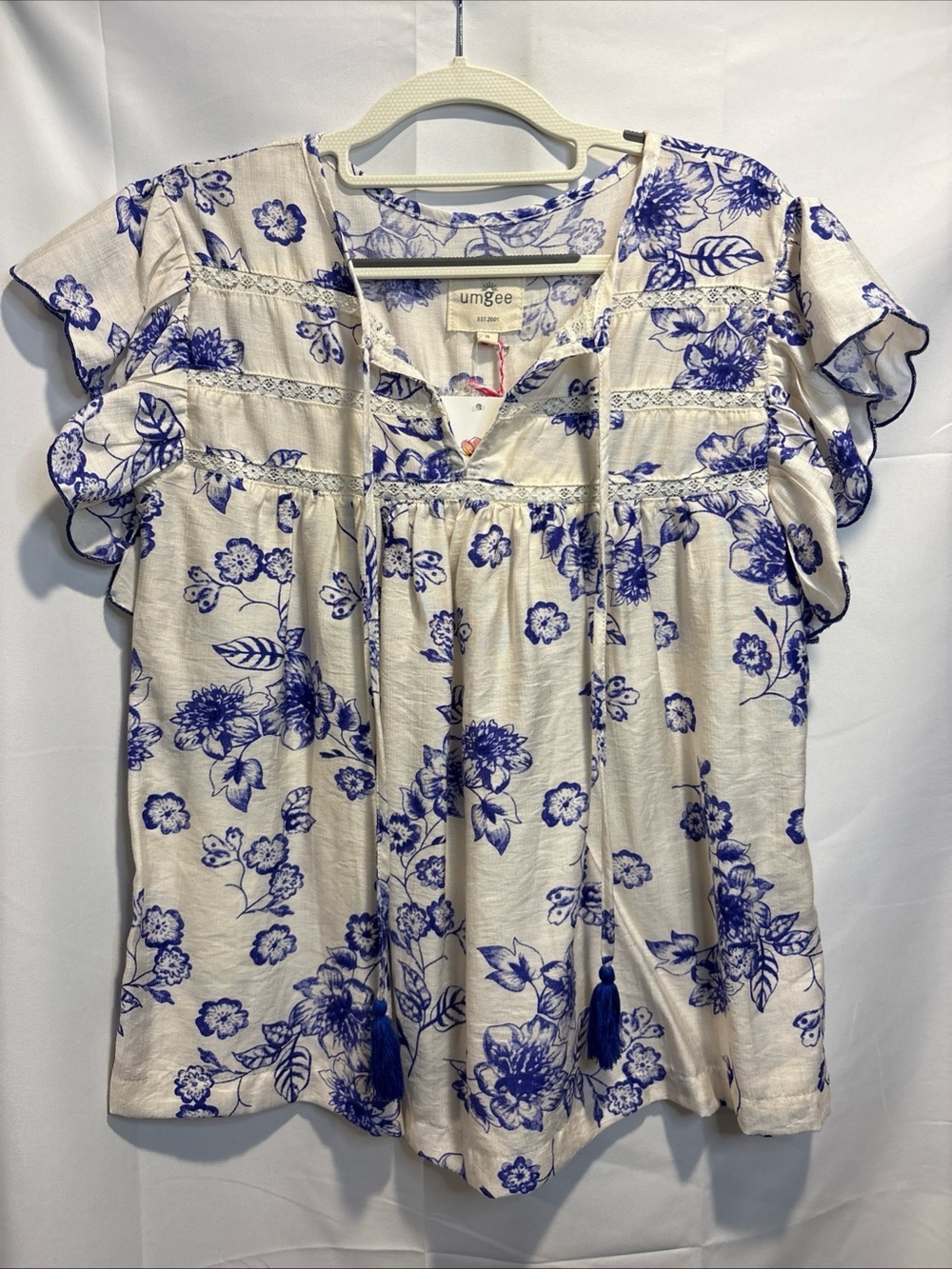 Umgee Blue Floral Ruffle Sleeve Peasant Blouse